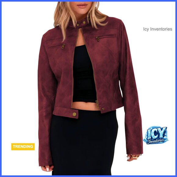 Faux Leather Cropped Motorcycle Jacket Vintage Zip Up Stand Collar